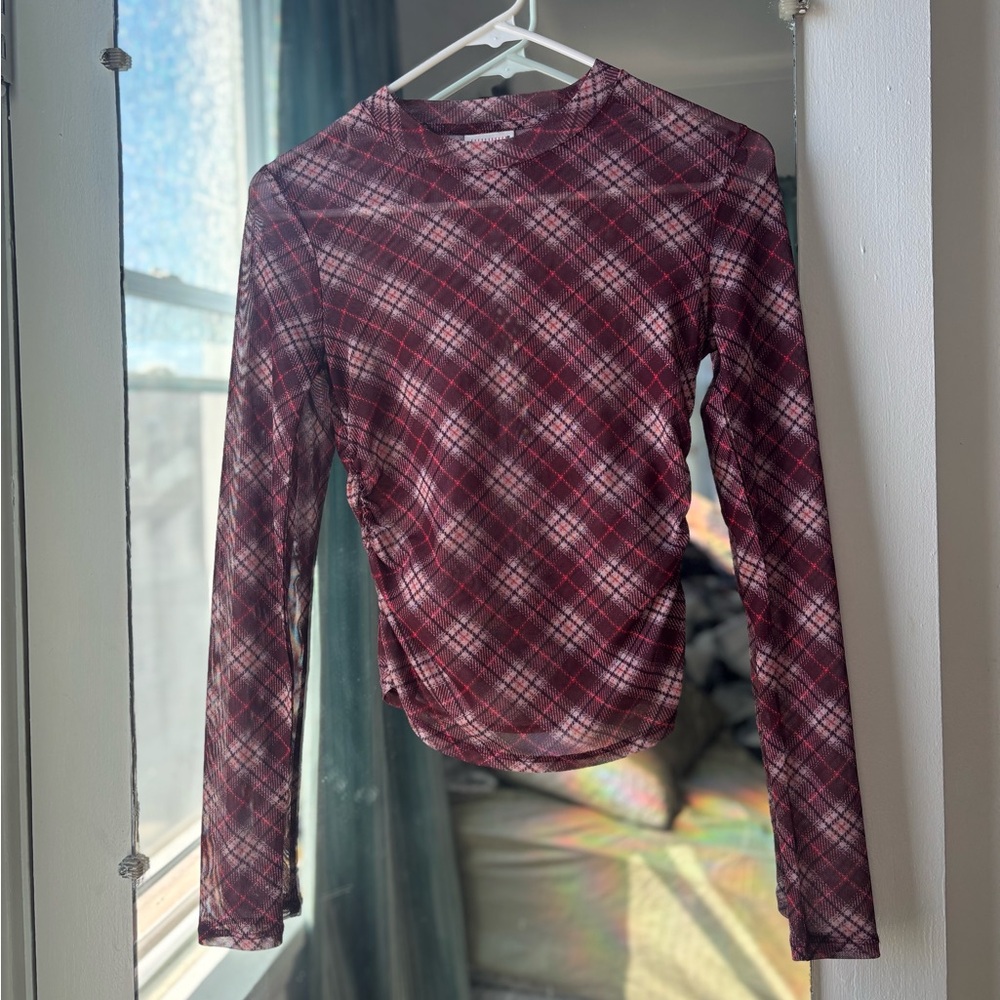Guess Sheer Mesh Plaid Top